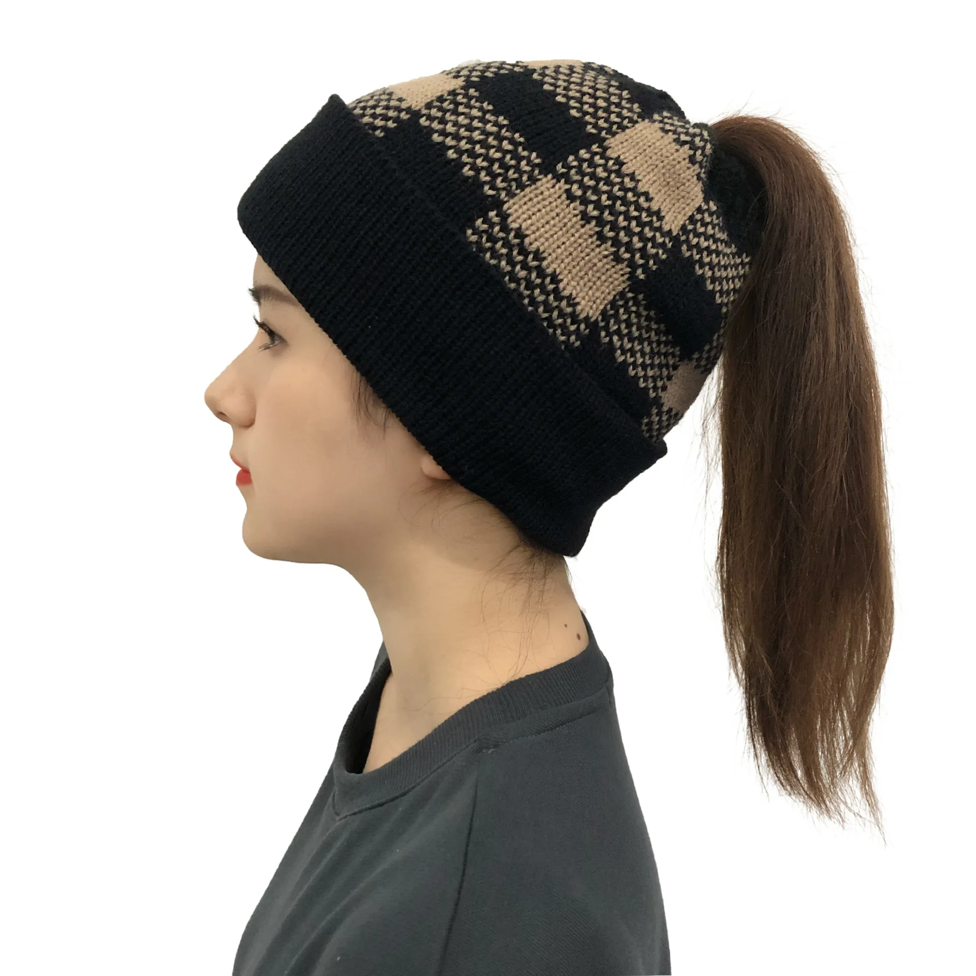 New Women Autumn Winter Ponytail Beanie Hat Grid Lady Stretch Knitted Crochet Beanies Hat Cap With Ponytail Hole