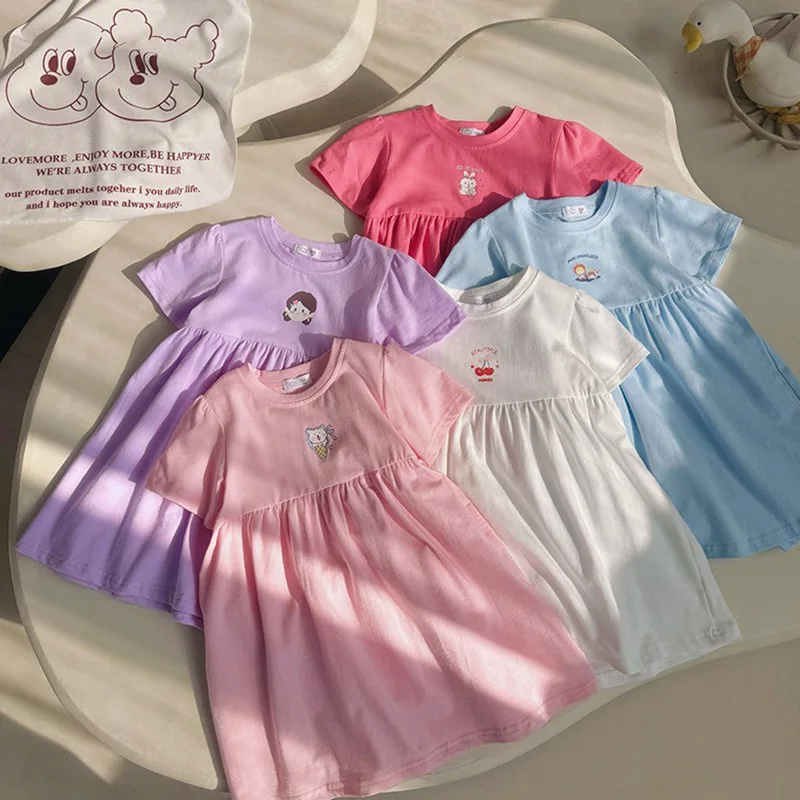 Mädchen Baumwoll-Midikleid Einfarbig Locker Sitzend Cartoon-Katze Niedliches Kurzarm-Kleid Kinder Lässiges Dehnbares Alltagskleid