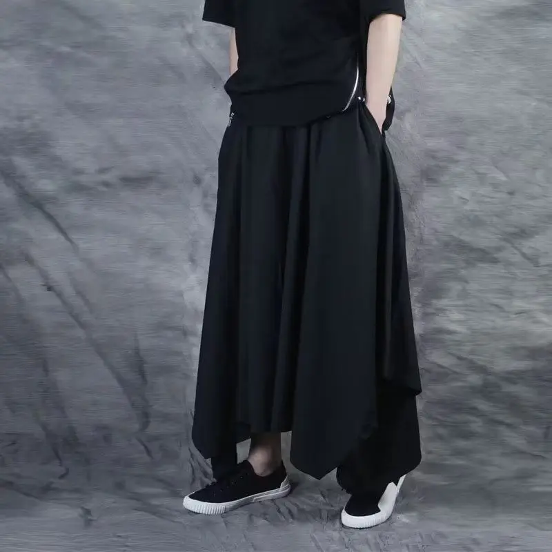 

Men's Dark Streetwear Pants Black Casual Trousers Asymmetric Hem Wide Leg Cropped Joggers Irregular Baggy Cropped Pants
