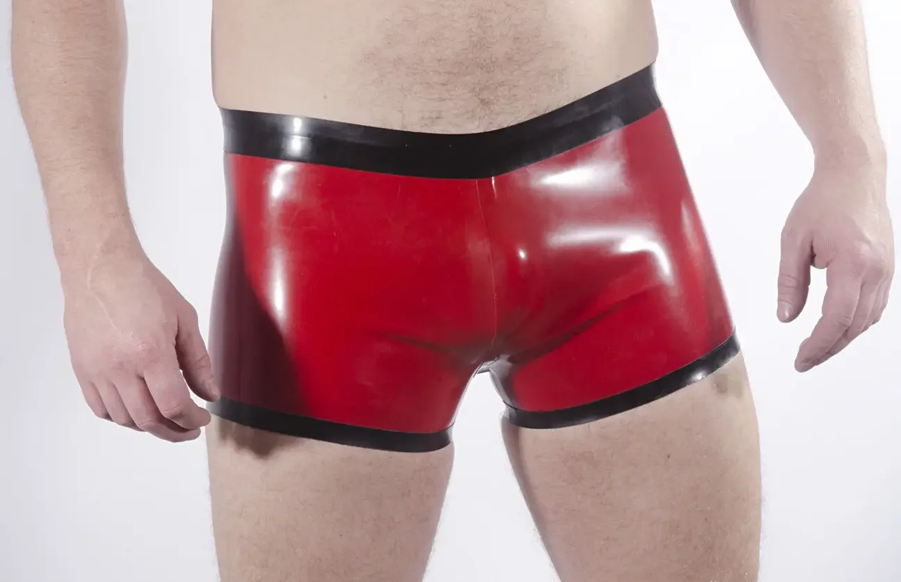 

Latex Rubber Gummi Black and Red Flat angle shorts Briefs Masquerade