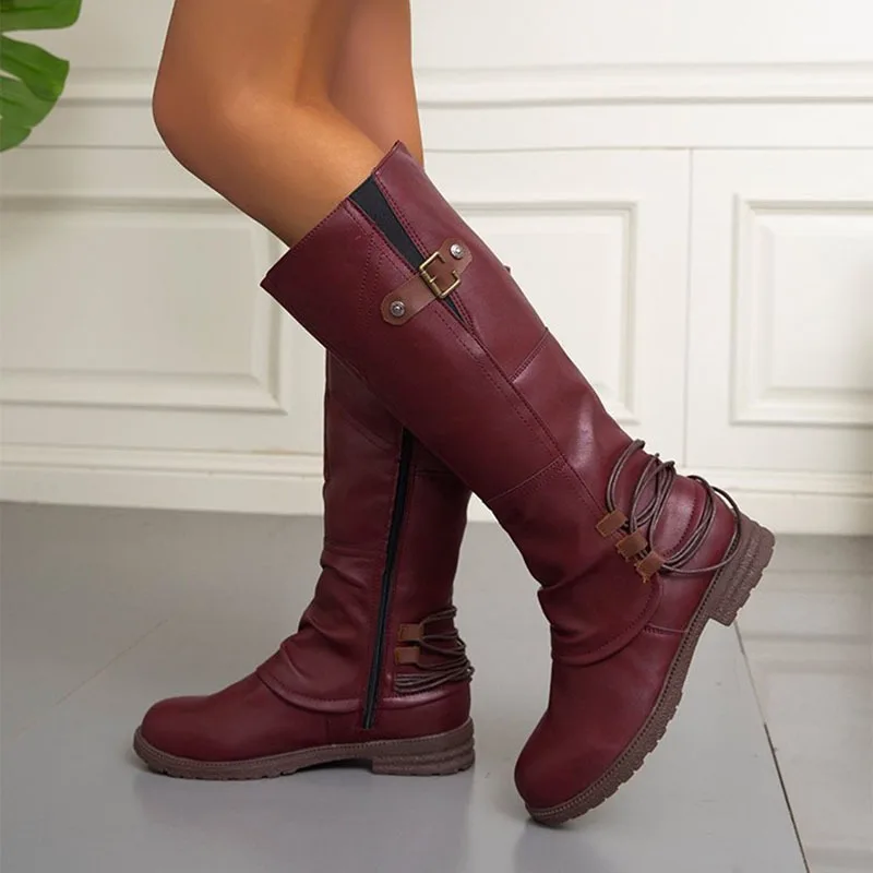 Comemore herfst en winter nieuwe kniehoge laarzen voor dames lederen vierkante lage hak hoge laarzen Romeinse stijl riemgesp lange Botas