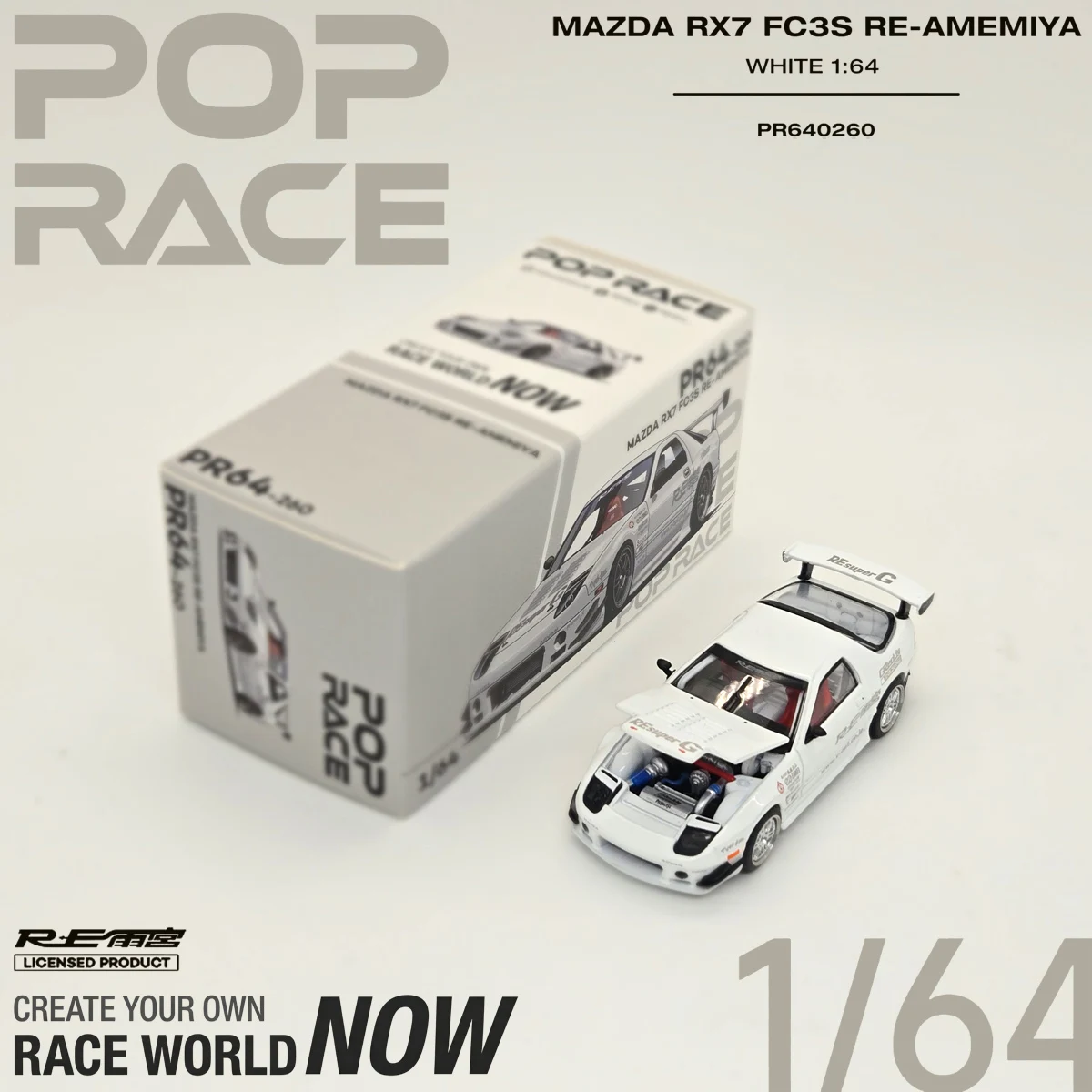 Pop Race 1:64 PR640260 Mazda RX7 FC3S RE‑Amemiya White RE Amemiya Tuned Rotary JDM Diecast Collectible Model Vehicles