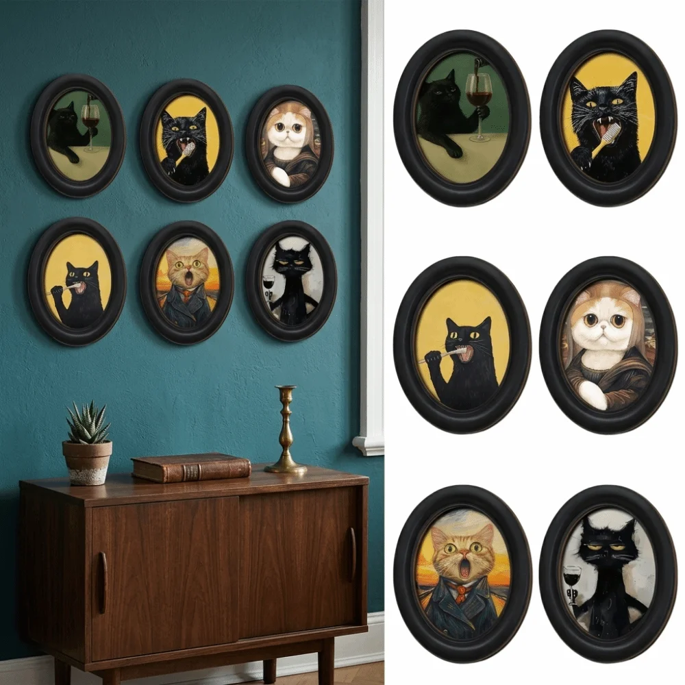 Durable 2D Abstract Wall Art Wooden Oval Shaped Wall Decor Adhesive Mounting Black Frame Cat Portrait Decor Bedroom