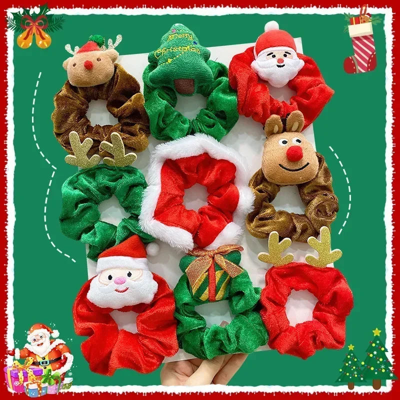 Classic Elk Santa Hair Scrunchies Elastic Plush  Ties Ropes Ponytail Holder Rubber Band Women Girl Christmas Party Headdress