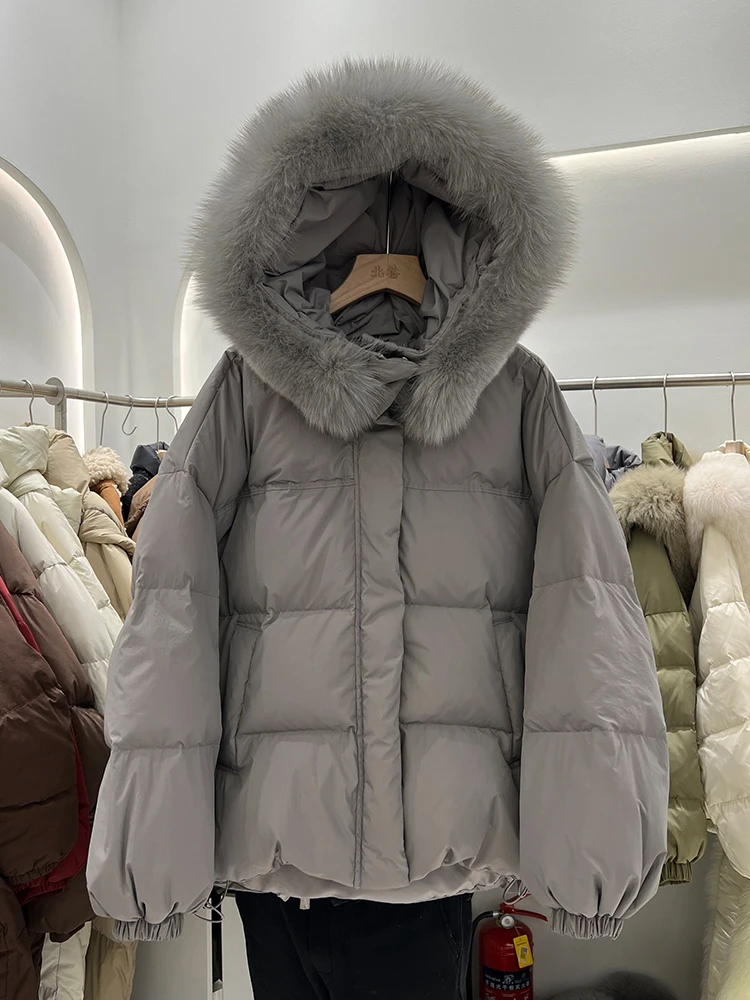 

New Winter Women's Down Jacket White Duck Down Thicken Short Hooded Outwear Fluffy Real Fur Collar Fashion Warm Coat Parka 2024