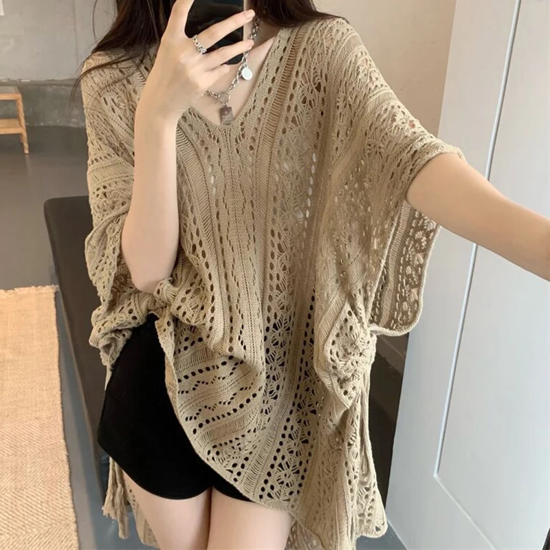 Summer Sun Protection Casual Loose V-neck Sexy Hollowed Out Knit Pullover