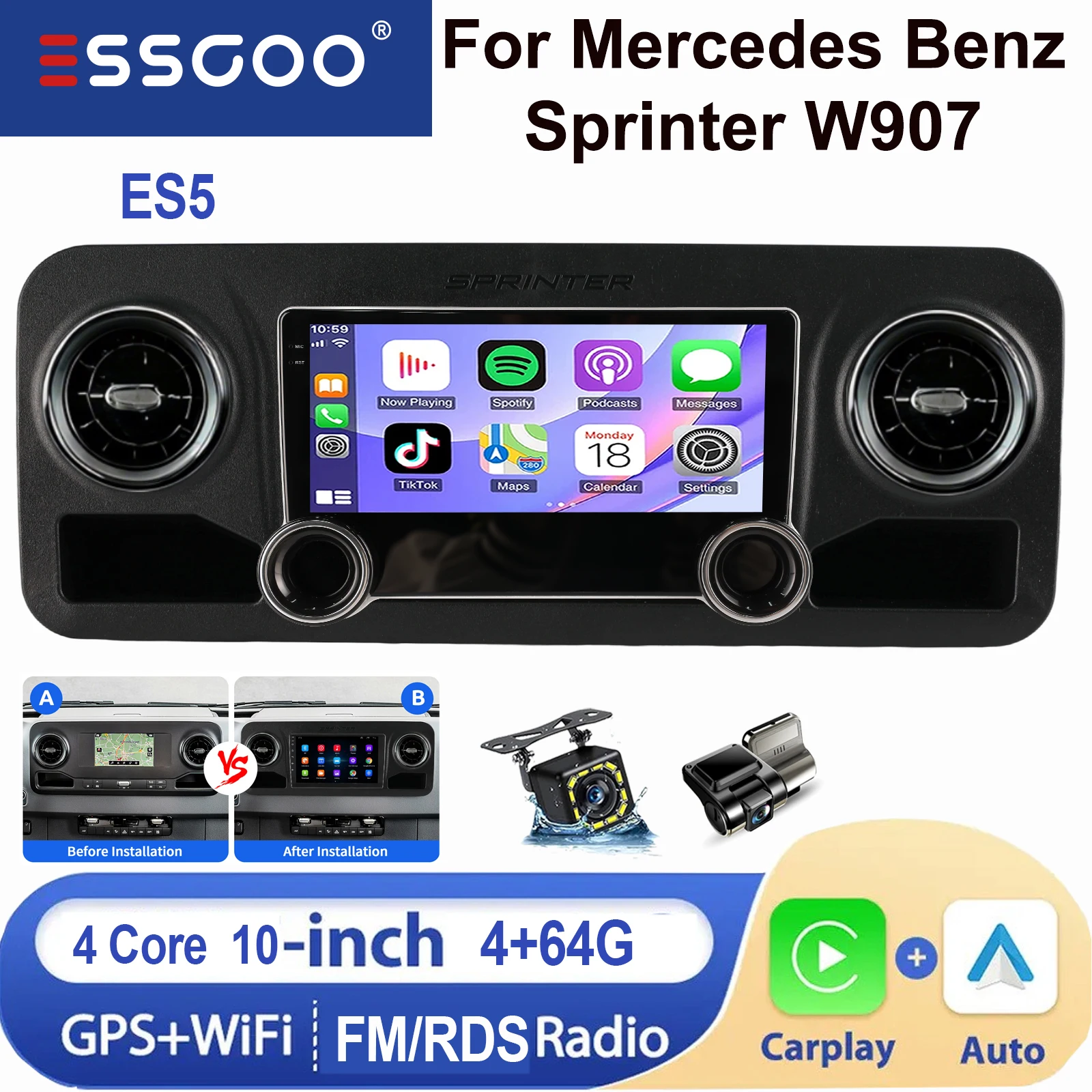 ESSGOO Android 15 IPS Touchscreen 10 Inch Voor Mercedes Benz Sprinter W907 2018-2023 Apple CarPlay Android Auto Draadloos Autoradio GPS Navigatie WIFI Stuurwielbediening RDS Bluetooth FM USB Spiegel - afbeelding 1