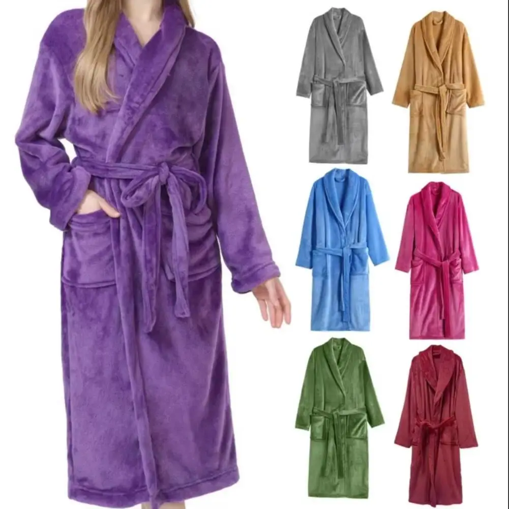 2025 Women's Flannel Robe Thick Warm Fleece Bathrobe with Pockets Winter Soft Plush Long Nightgown Sleepwear