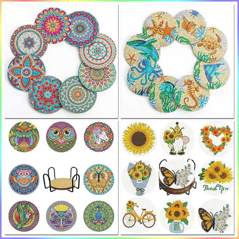 SDOYUNO 8Pcs DIY Diamond Painting Coaster Sunflower Drink Cup Cushion Diamond Embroidery Kit Global Decor Christmas Gift