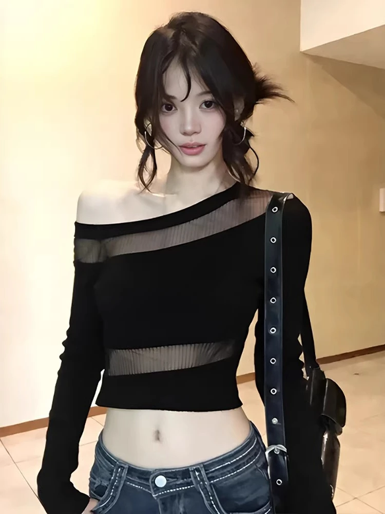 Streetwear Sexy Gauze Patchwork Crop T-shirt Y2k Aesthetic Skew Collar Women Slim Fit Tops Harajuku See Through Grunge Tshirts