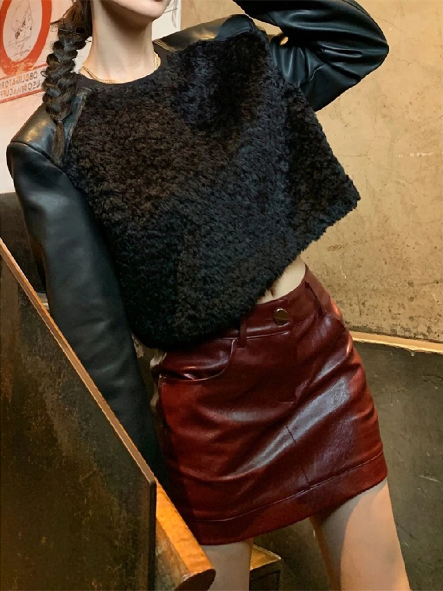 Sweet Spicy Wine Red PU Leather Skirt Women's Slimming Stylish A-Line  Skirt High Waist Bounce Back Resistant Folded