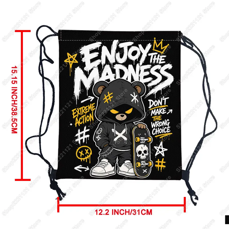 Skateboard Bear Drawstring Bag Women Backpack Hip Hop Men Streetwear Shoulder Bags for Travel Outdoor Gym Storage Bags Bookbag