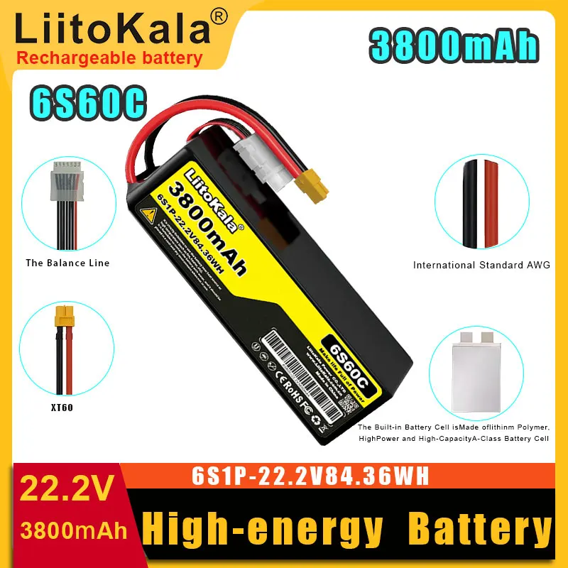 

LiitoKala 22,2VLiPo аккумулятор 6S 3800 мАч 4200 мАч 5000 мАч 6000 мАч 7800 мАч 10000 мАч разъем Deans XT60 для радиоуправляемого автомобиля FPV гоночный дрон