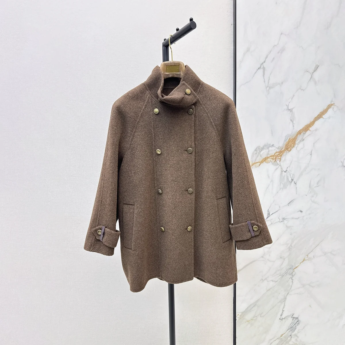 2026 high-quality women's retro standing collar double breasted double-sided woolen coat261016181