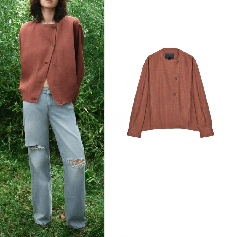 

Autumn New Women's Pleated round Ne Long Sve Linen Blend Pilot Jaet Coat Casual Sle Polyester Fiber Ladies Outerwear