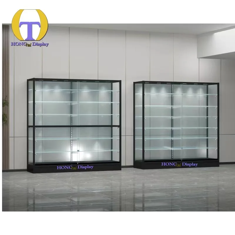 Custom.Latest Design Triangular Tempered Glass Cabinet of Black Base Smoke Shop Frameless Glass Display Corner With Lock