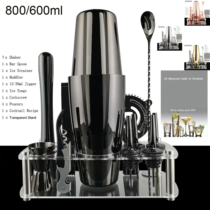 12pcs Black/Rose Gold/Silver 800/750/600ml Boston Shakers Bartender Kit Cocktail Shaker Set Bar Tools Stand Cocktail Recipe