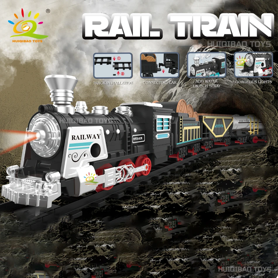 

HUIQIBAO Christmas Electric Train Set Retro Classic Locomotive Engine Cargo Car and Long Track Toys With Smoke Children Gift