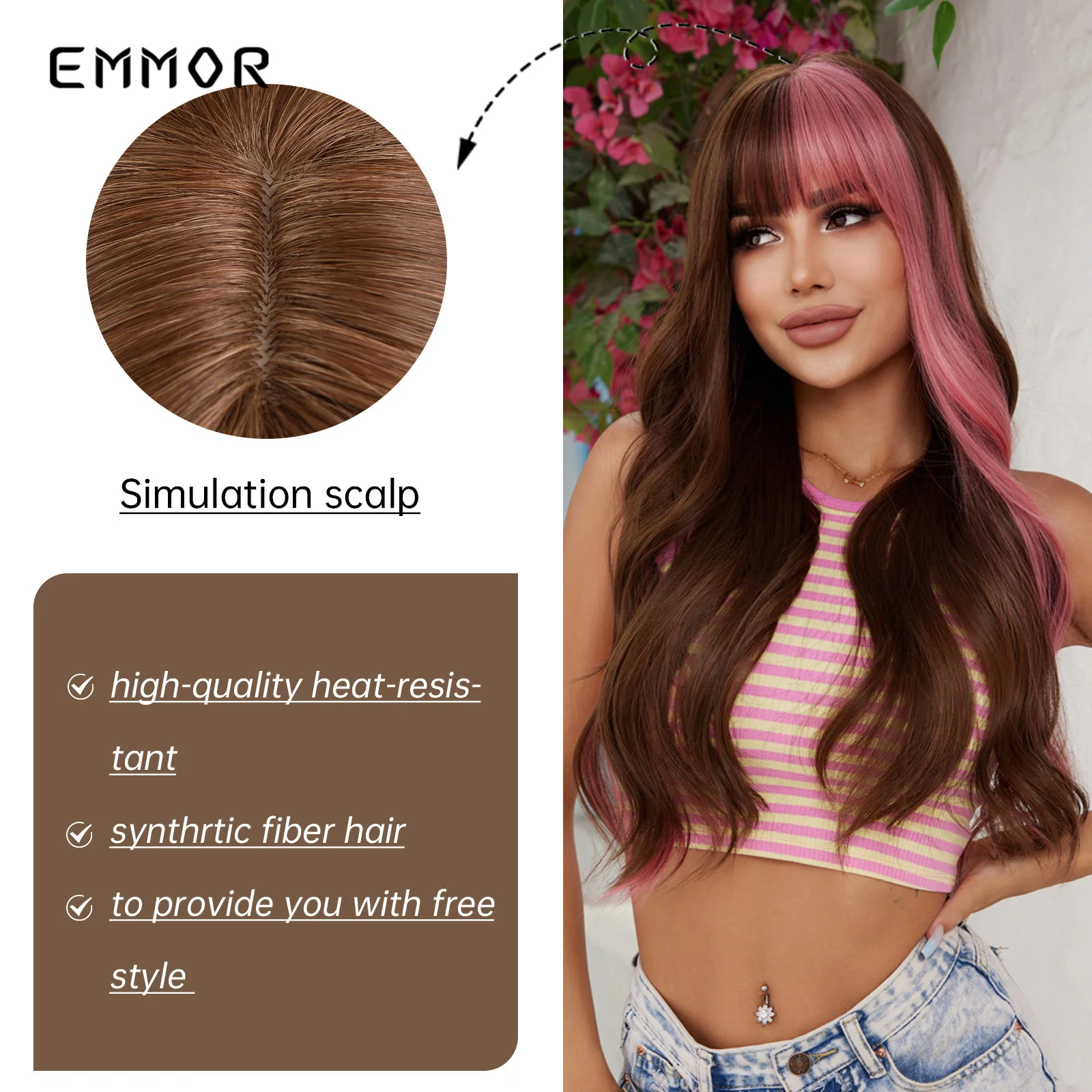 Emmor Youthful Synthetic Wig Long Wavy Curly Ombre Blonde Mixed Pink Wigs for Women Heat Resistant Party Daily Hair Bang Natural