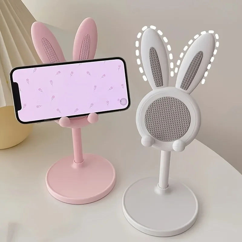 

Cute Bunny Easter Phone Stand, Pink Floral Adjustable Desktop Holder, Universal Smartphone Cradle for Home & Office