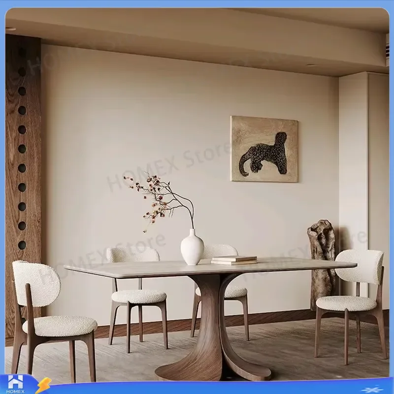 Mid Century Modern Solid Wood Dining Table Rectangular Walnut Veneer Matte Travertine Slate Top Full Support Simple Kitchen