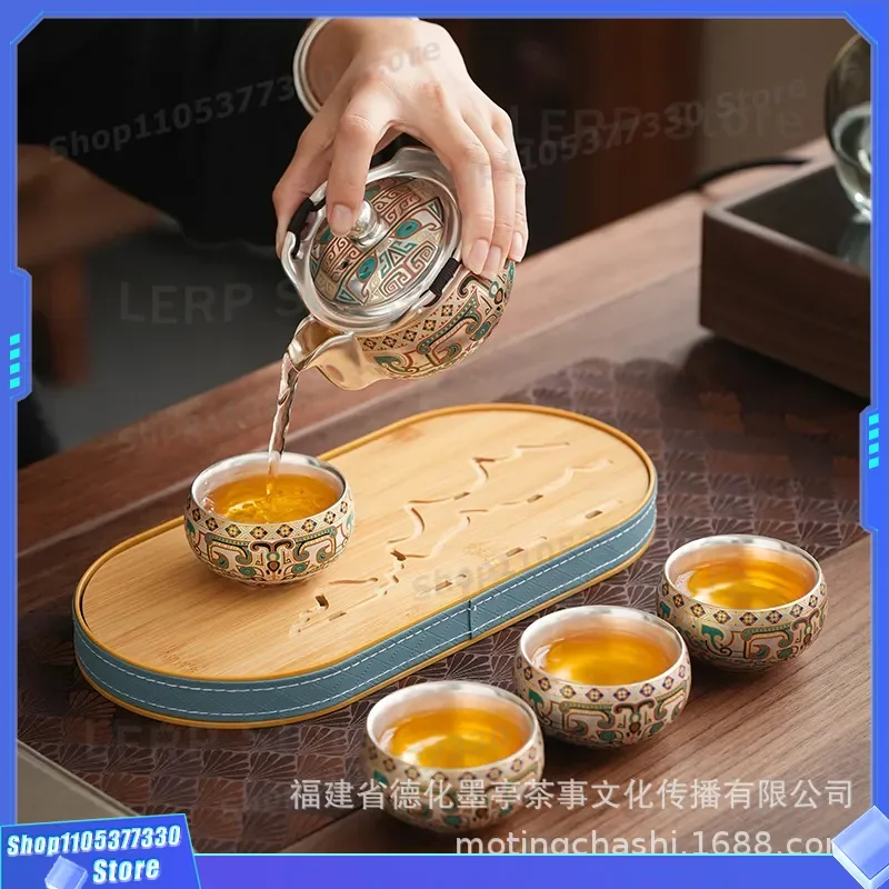 Taotie Pattern Silver Kung Fu Tea Set One Pot Four Cups High End Gift For Friends Leaders Housewarming Present Traditional