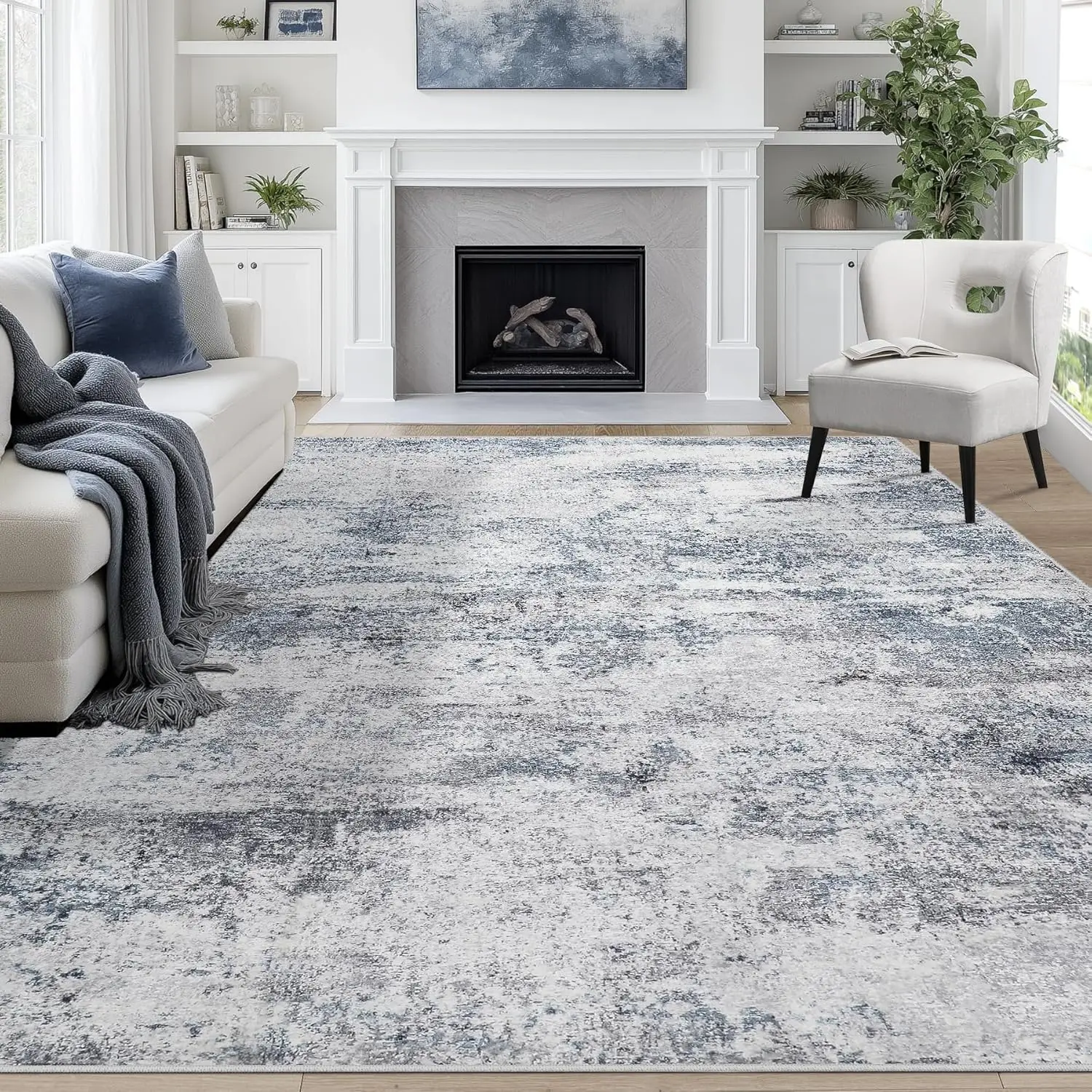 

8x10 Washable Abstract Rug for Living Room, Dining, Bedroom - Non-Slip Indoor Carpet in Blue Grey
