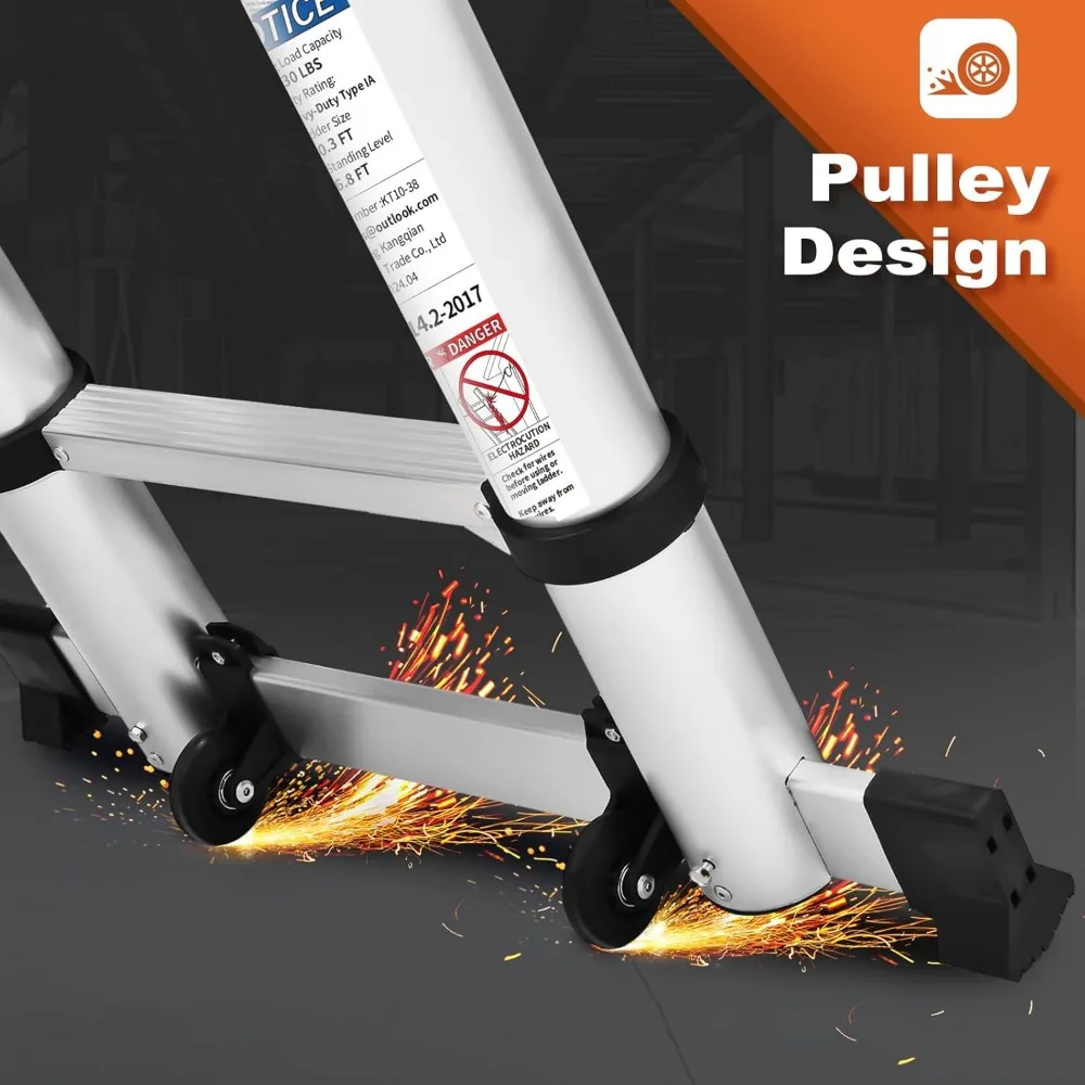 アルミ製軽量伸縮はしご 20.3フィート（ホイール、スタビライザーバー付き、耐荷重330ポンド、頑丈な伸縮式はしご）