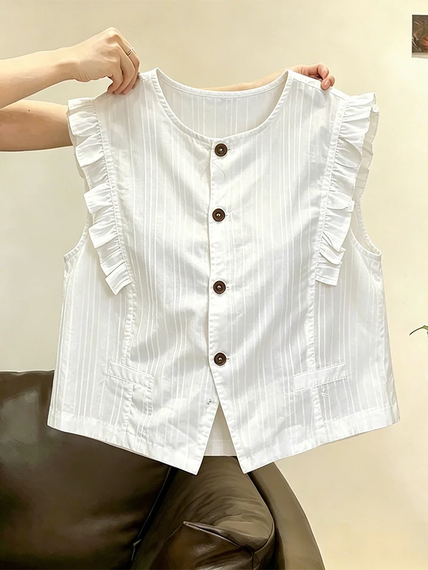 

Loose Fit round Neck Sleeveless Shirt Women's plus Size Summer New Style Korean Fashion Wooden Trim Breathable Top