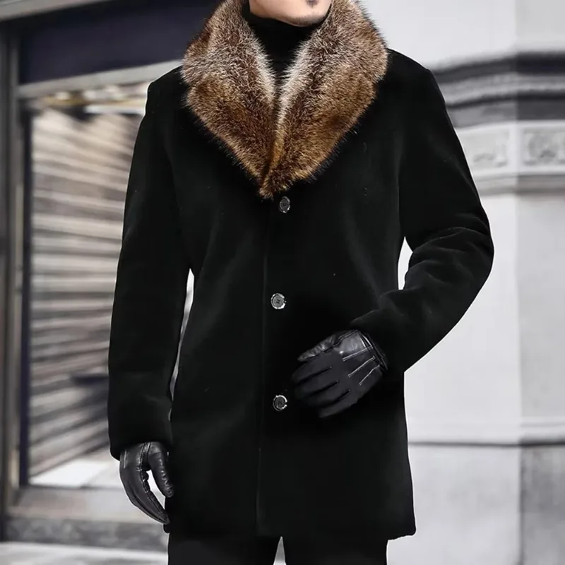 Winter Fur Long Blend Coat Men Straight Lapel Single Button Pocket Solid Black Fashion Oversize 4XL Casual Warm Outwear Jackets