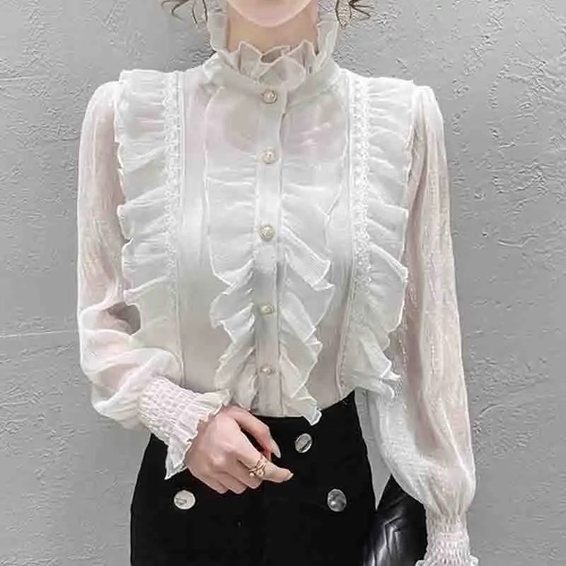 Sweet and Chic Long Sleeve Stand Collar Blouses Women Casual Loose White Shirts Korean Lace Ruffles Elegant Chiffon Blusas 13433