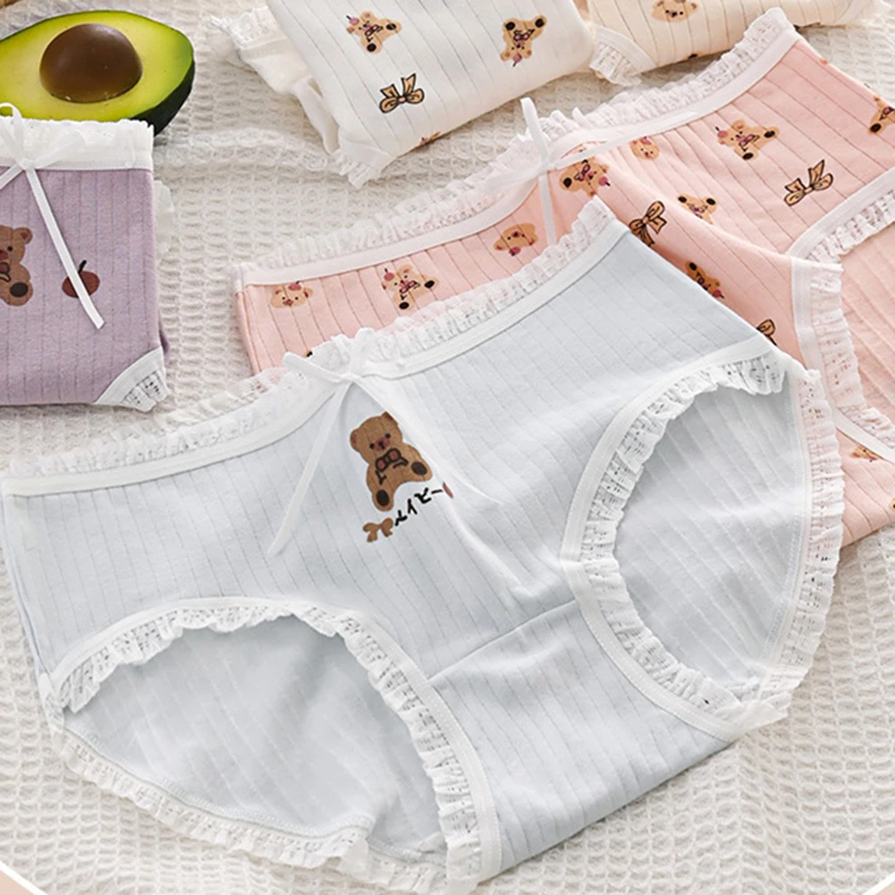 

Cute Teddy Bear Print Briefs Comfortable Lingerie Vertical Stripe Girl Stretch Soft Underwear Japanese Woman Panties Underpants