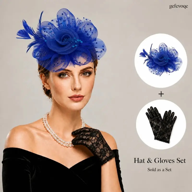 

Lace Gloves and Fascinator Hat Set 2PCS Womens Elegant Feather Flower Headpiece for Tea Party Wedding Derby
