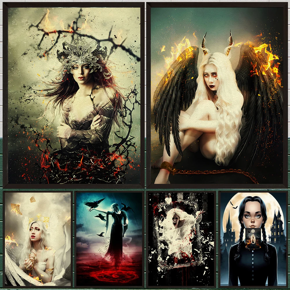 Fallen Angel,Green Witch,Mirror Witch, Vintage Wall Art Canvas Painting Succubus And Pagan Witchcraft Art Poster Print Decor