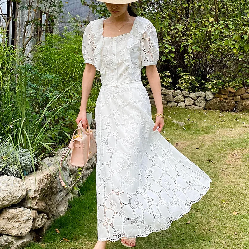 

Summer New Holiday Style Suit Women's Short-sleeved French Lace Embroidered Shirt + White Skirt 2-piece Set Casual Beach Outfits