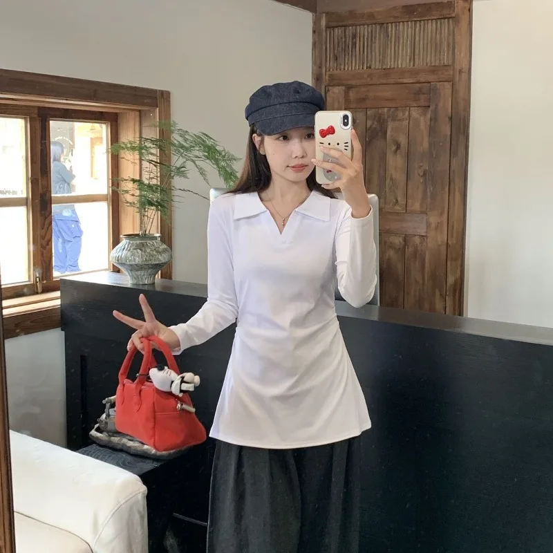 

Женская блузка-поло с плиссировкой и зауженной талией, эластичная, с длинным рукавом, для осеннего образа, подчеркивающая фигуру