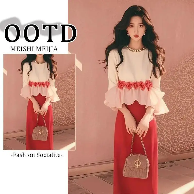 Hot 2026 Spring Autumn New Women French Style Fragrant Tops Skirt Set Fashion Versatile with A Unique Design Sense Two Piece Set
