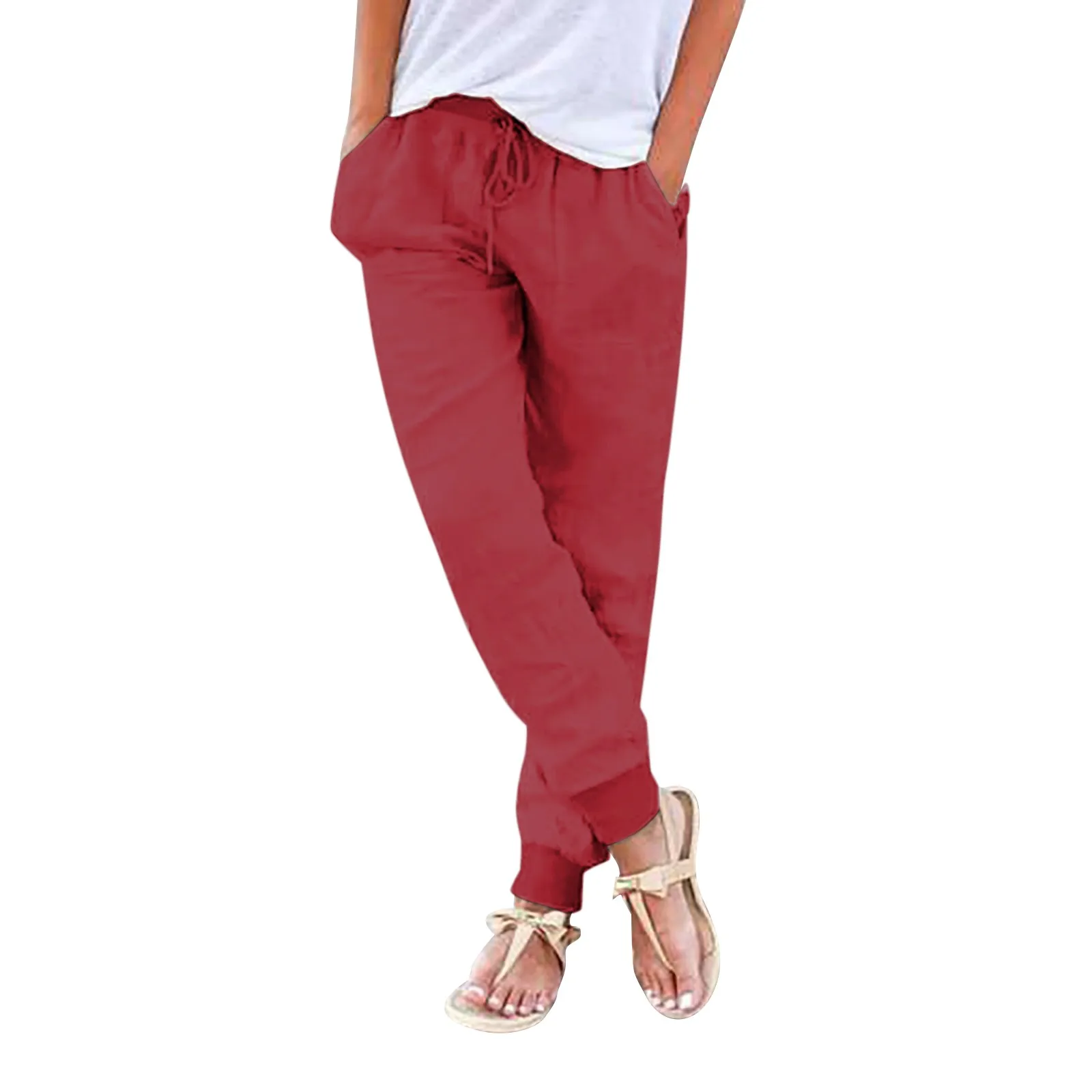 Pantalones bombachos suaves y sueltos para mujer, pantalón informal de imitación de algodón y lino con cordón, cintura elástica, transpirable, delgado, con bolsillo, hasta el tobillo