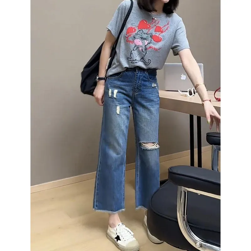 New Comfortable Summer Denim Jeans High Waist Thinming Breathable Loose Nine Hole Large Size Women's Jeans Straight Leg Blue