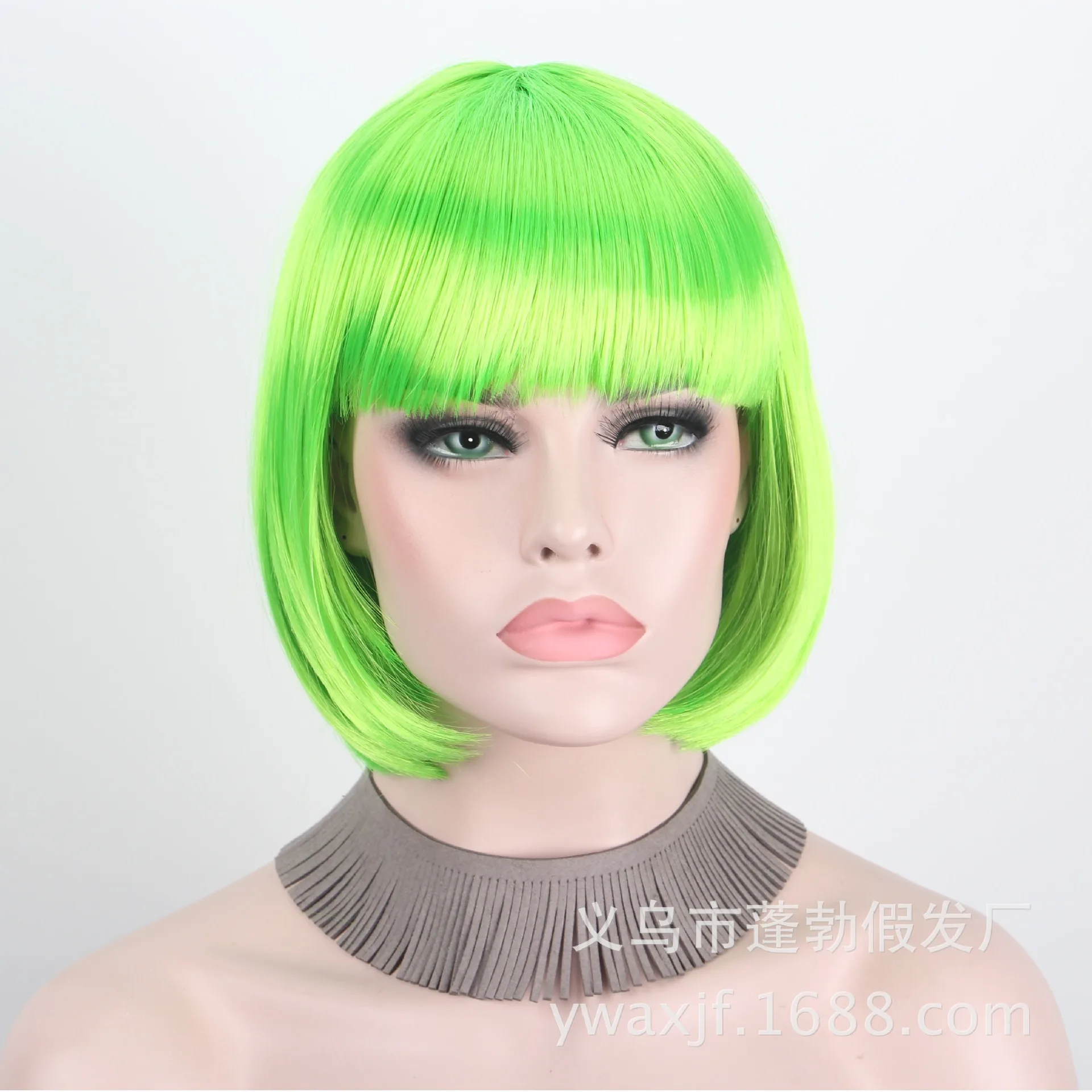 Synthetic Green Bob Wig with Bangs for Festival Party Cosplay Halloween Student Costume Short Anime Style Fiber Hair