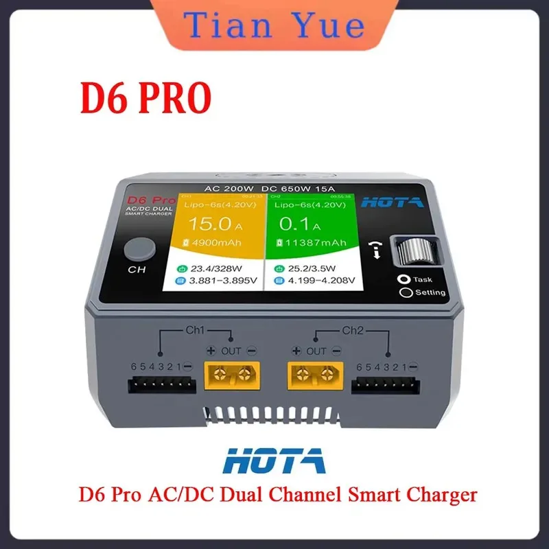 

HOTA D6 Pro AC 200W DC 650W 15A D6 DC 2X325W 2X15A Charger With Wireless Charging for 1-6S Lipo LiHV/NiZn/Nicd/NiMH Battery
