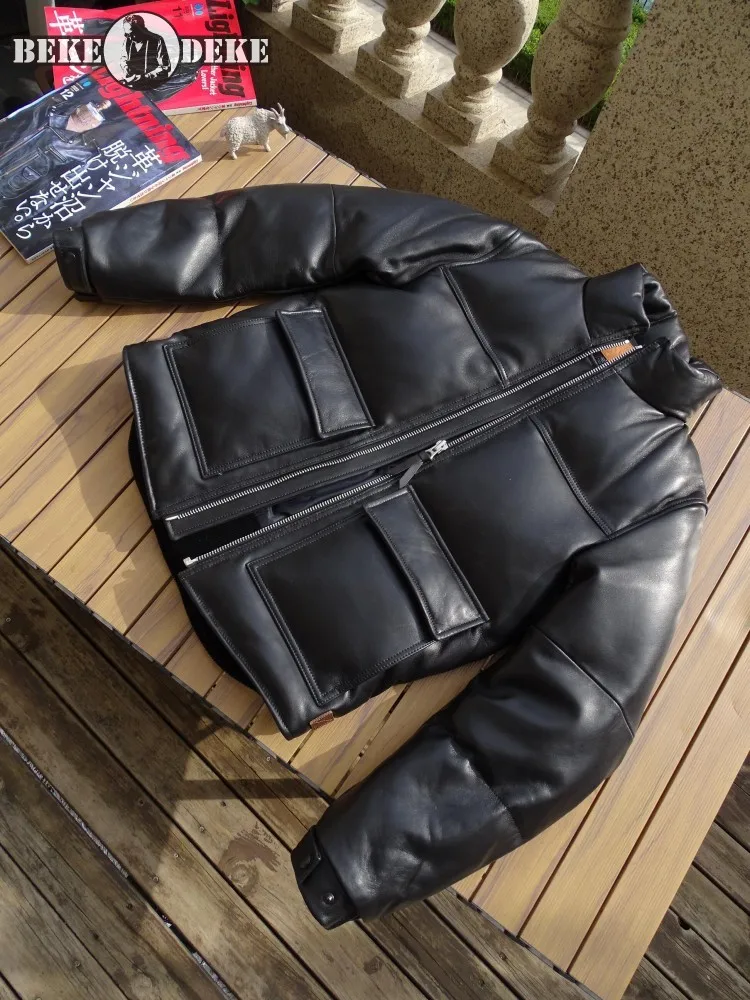 

Stand Collar Windproof Warm Men Genuine Leather Down Coat Zip Long Sleeve Streetwear Vintage Winter Casual Sheepskin Short Coat