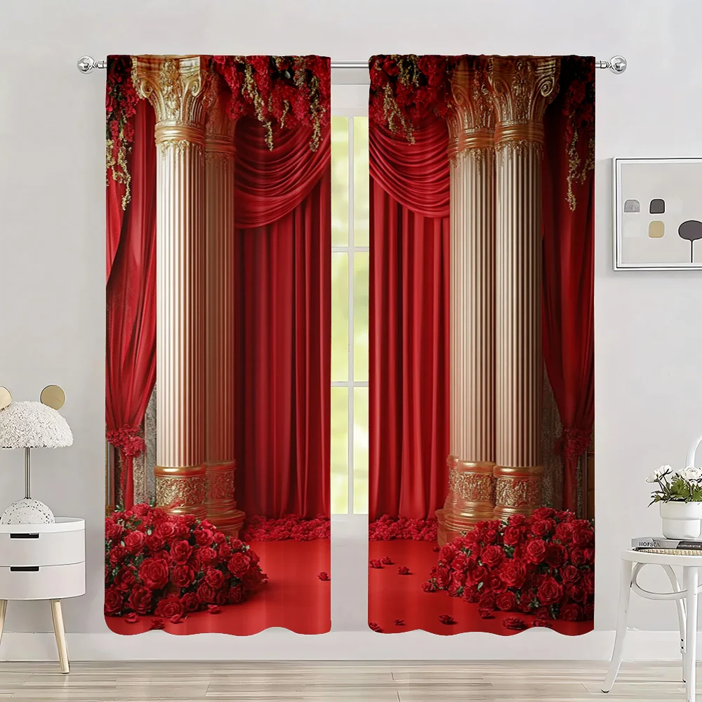 2pc,  Spring Popular Curtain Red Flower Wedding Durable 100% Polyester Fabric,Without Electricity Spring Party & Holiday Decor