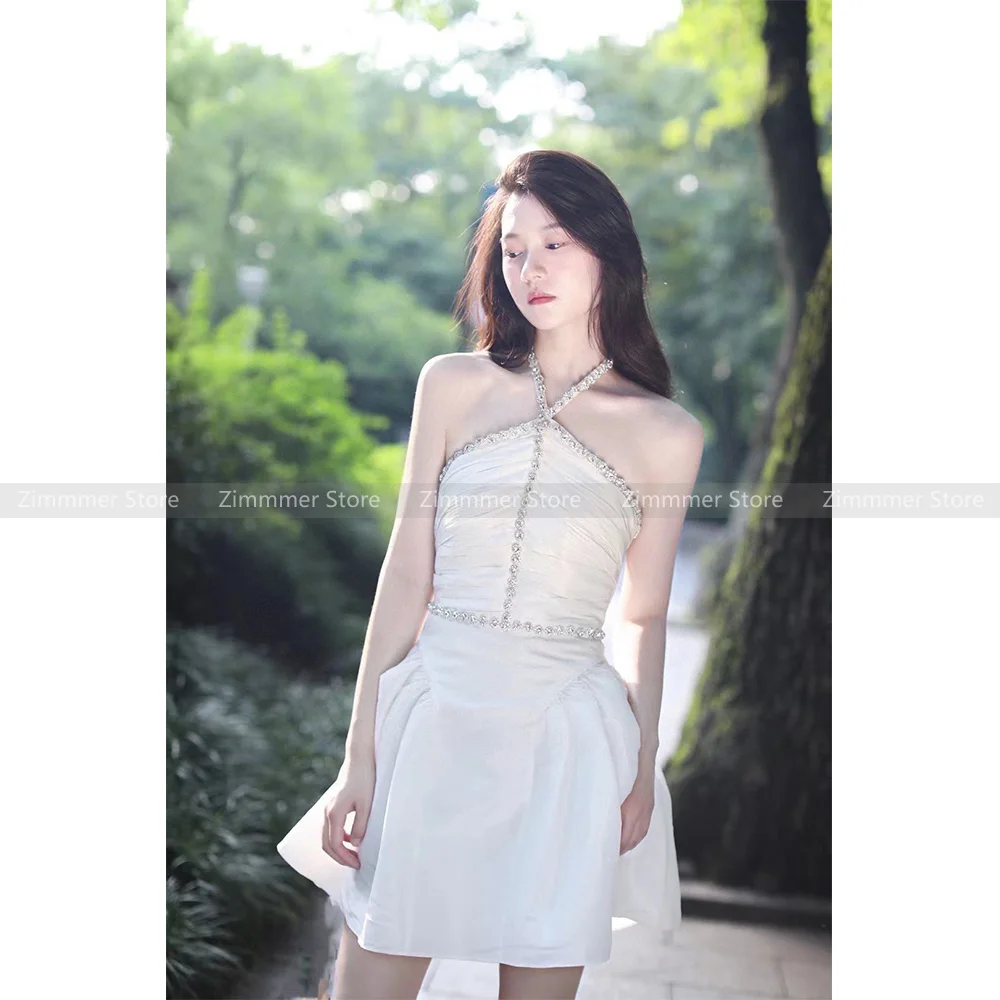 

French diamonds hanging neck bustier dress women 2024 summer new waisted A-line short dresses