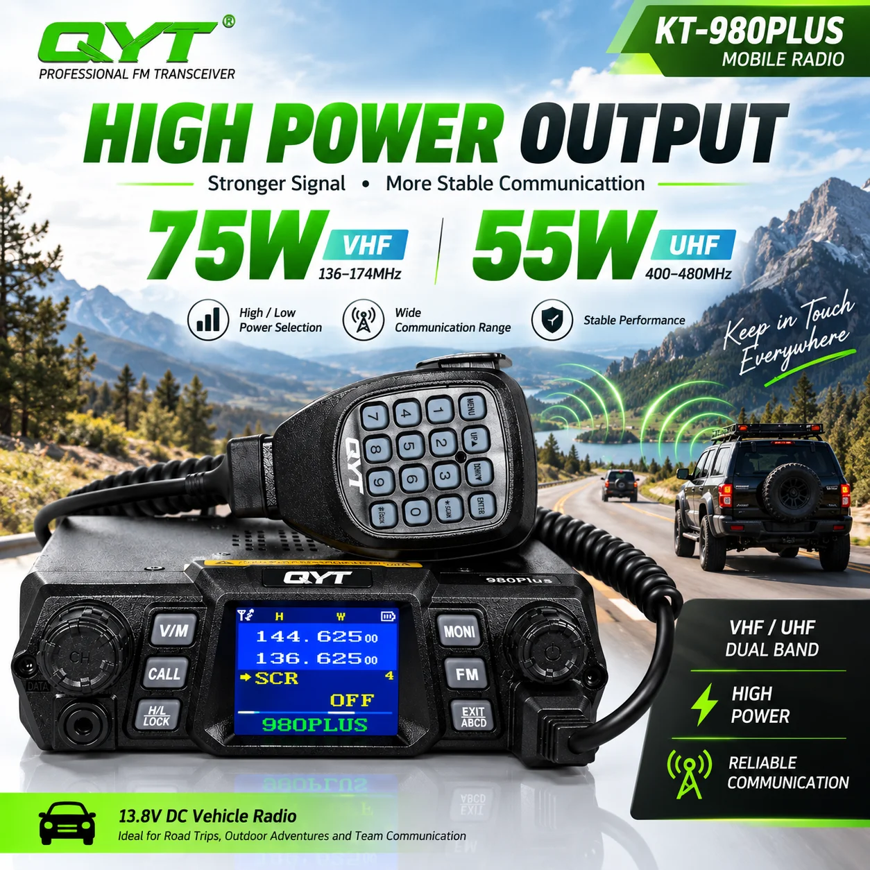 QYT KT-980PLUS 75W VHF 55W UHF Dual Band Mobile Radio Quad Standby 200CH DTMF 2Tone 5Tone PC Programmable Car Two Way Radio