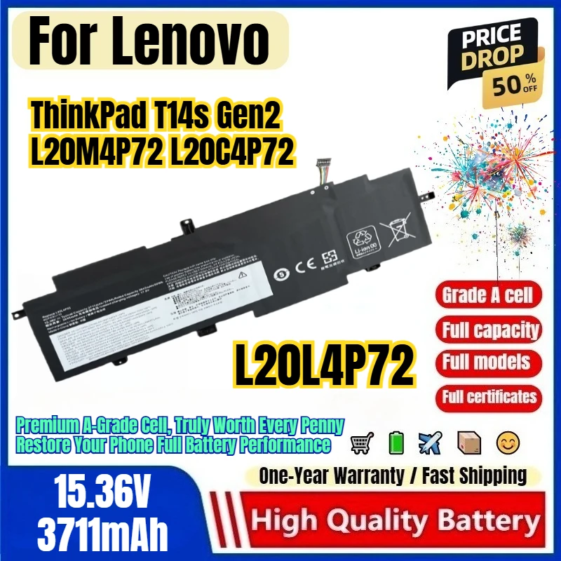 L20L4P72 for Lenovo ThinkPad T14s Gen2 L20M4P72 L20C4P72 Laptop Battery 0 Cycle  High Capacity Replacement Bateria Grade A Cell