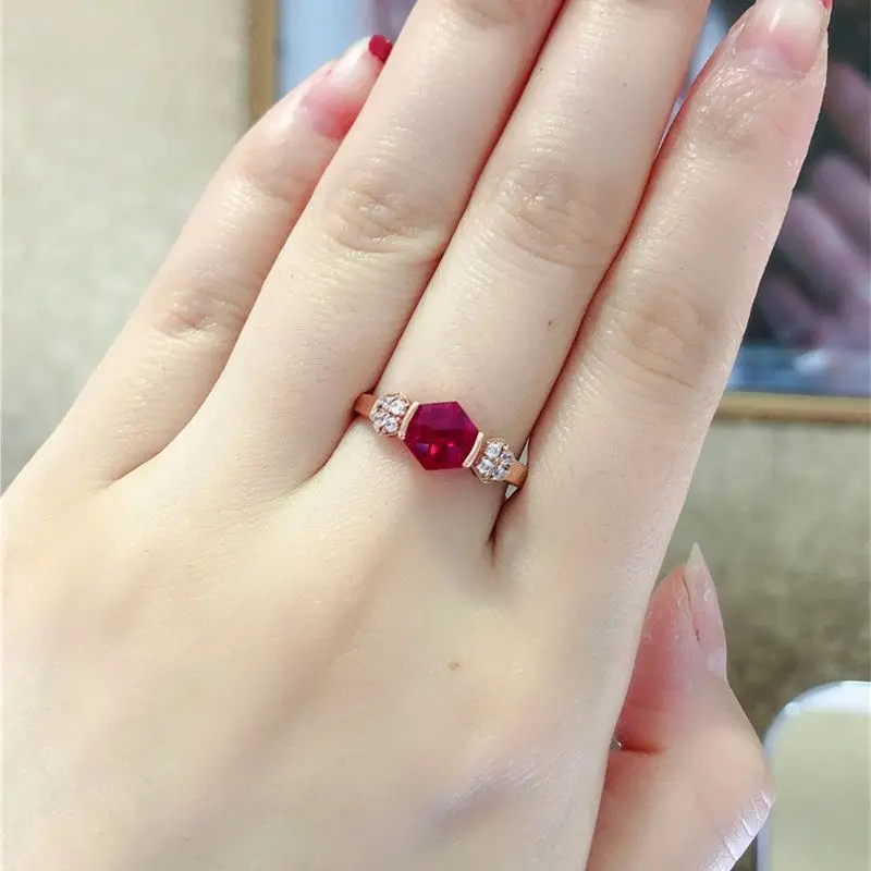 585 Purple Gold Micro inlaid Hexagonal Ruby rings for women Fashion Plated 14K Rose Gold red Ring adjustable Banquet Jewelry