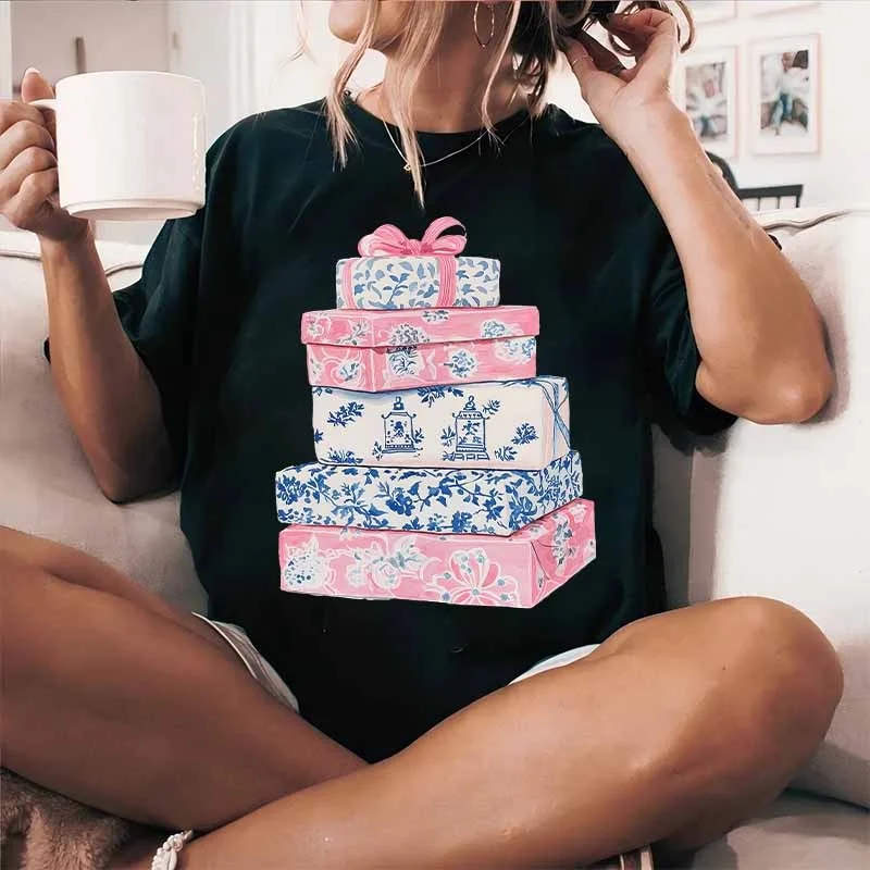 Impresión de transferencia DTF con tema de porcelana blanca para camisetas, regalo, pegatina de transferencia de calor de hierro champán, Navidad para ropa DIY