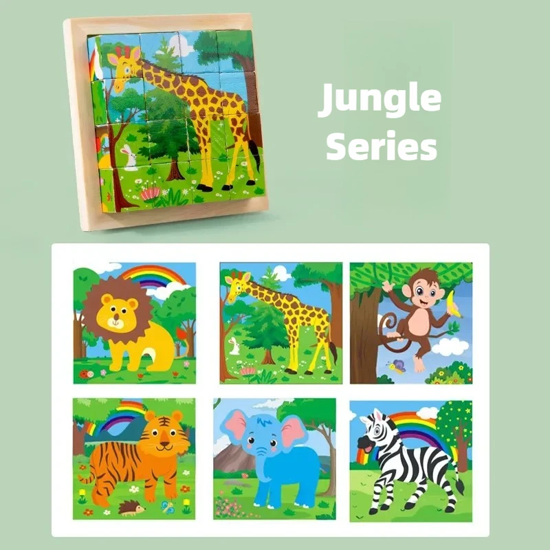 動物、果物、交通、認知、早期学習、教育玩具、ベビー木製ブロック玩具、子供用六面キューブジグソーパズルゲーム