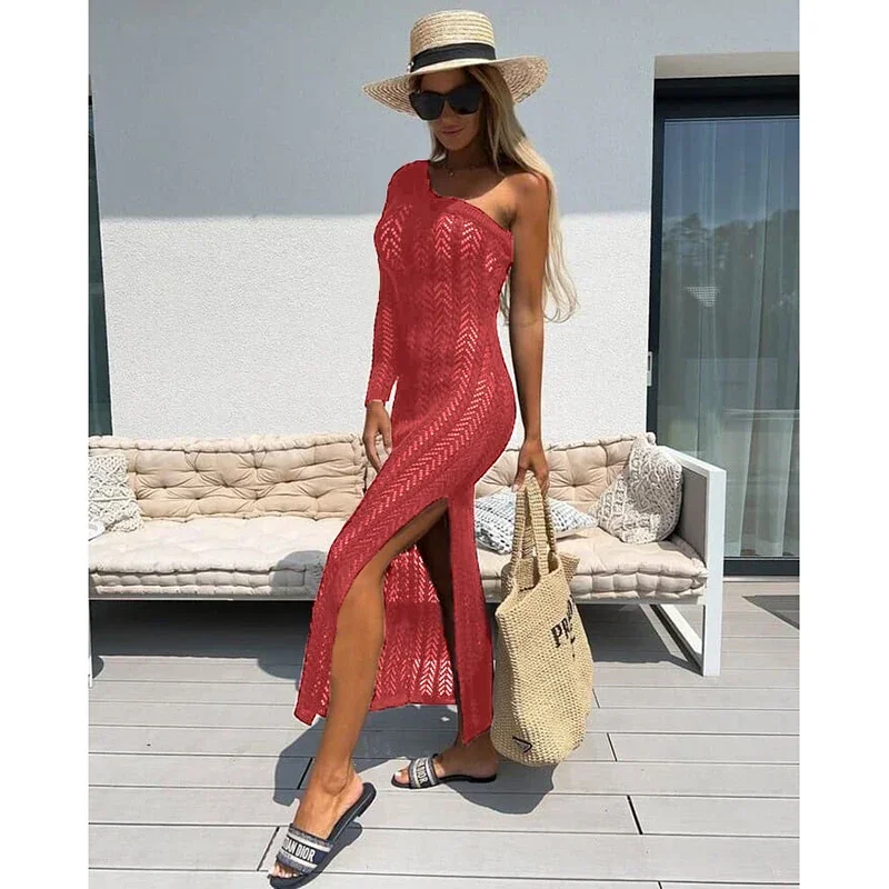 2024 Bikini Cover-ups Witte Gehaakte Tuniek Kitted Cover up Sexy See Through Lange Mouw Mesh Maxi Slanke Jurk vrouwen Strandkleding